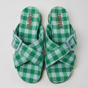 Camper Atonik Cross-Strap Slide Sandals in Green Plaid